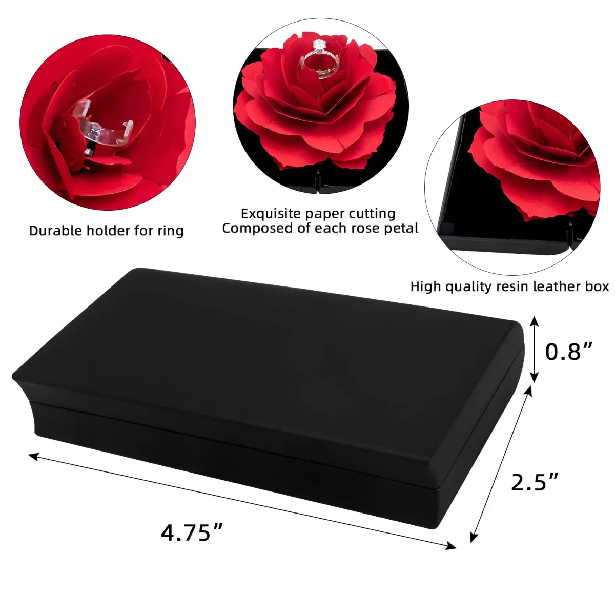 wonuu Pop Up Rose Engagement Ring Box | Black Resin Holder for Proposal, Wedding, Gift (12cm x 6.8cm x 2cm) - view 3