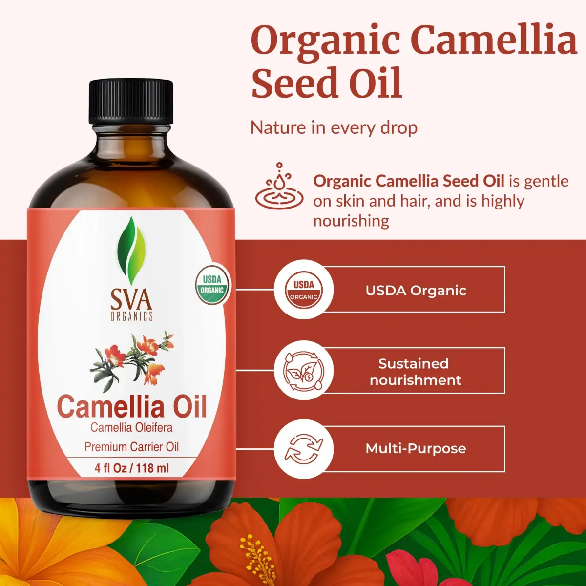 SVA ORGANICS Camellia Seed Carrier Oil 4 Fl Oz (118 mL) - Pure & Natural for Skin & Hair - view 2