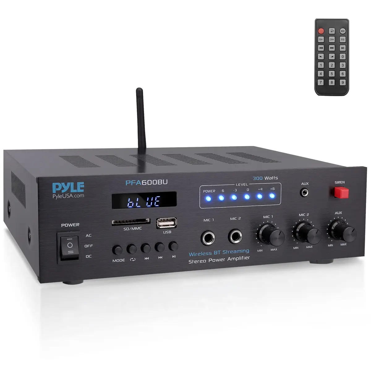 Pyle 300W Bluetooth Karaoke Amplifier - 2-Channel PA System with FM Radio, USB/SD, 2 Mic Inputs, Siren Alarm, 12V Power Option, Remote Control | PFA600BU - main product image