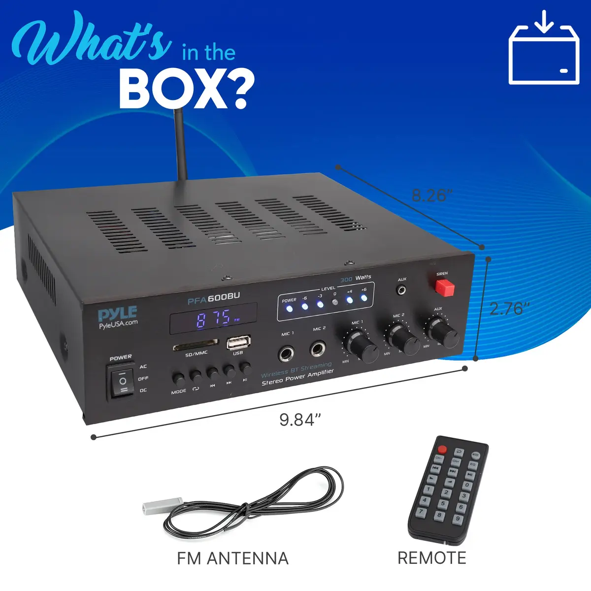 Pyle 300W Bluetooth Karaoke Amplifier - 2-Channel PA System with FM Radio, USB/SD, 2 Mic Inputs, Siren Alarm, 12V Power Option, Remote Control | PFA600BU - view 6