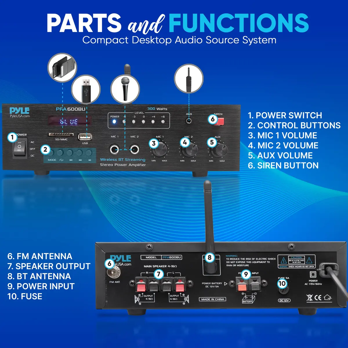 Pyle 300W Bluetooth Karaoke Amplifier - 2-Channel PA System with FM Radio, USB/SD, 2 Mic Inputs, Siren Alarm, 12V Power Option, Remote Control | PFA600BU - view 2