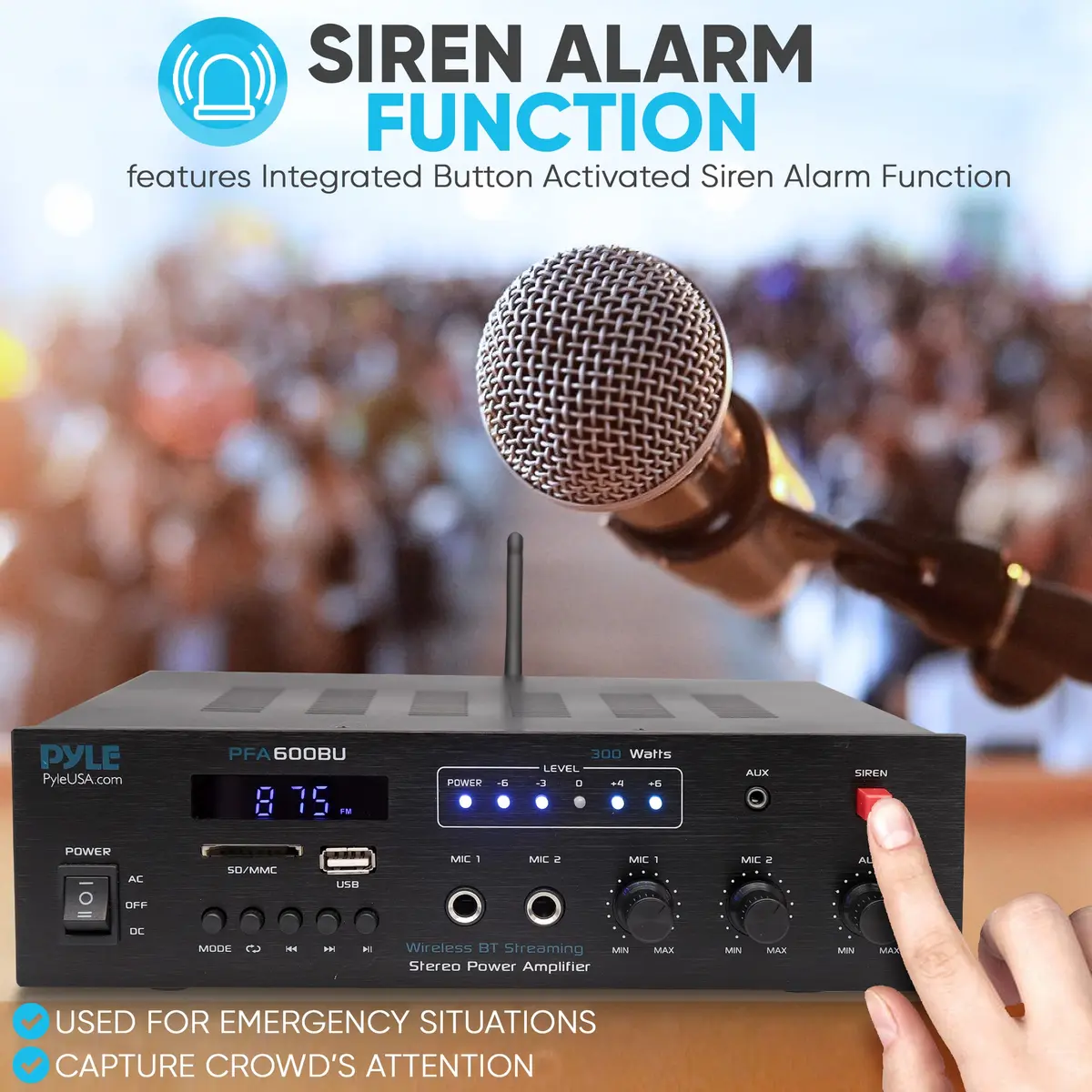 Pyle 300W Bluetooth Karaoke Amplifier - 2-Channel PA System with FM Radio, USB/SD, 2 Mic Inputs, Siren Alarm, 12V Power Option, Remote Control | PFA600BU - view 3