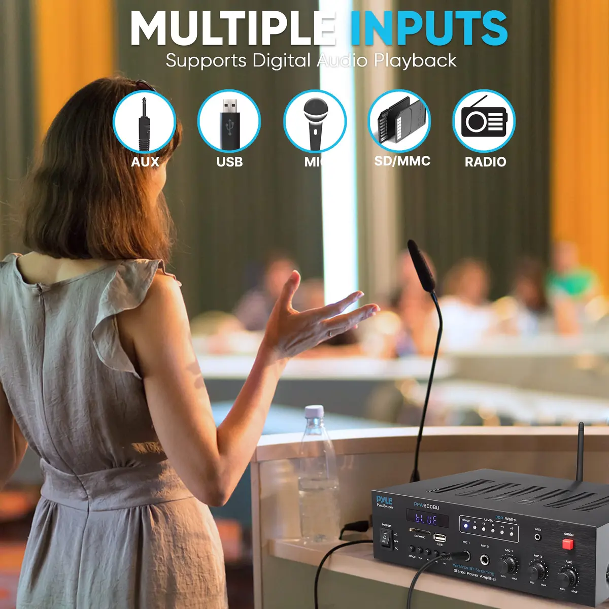 Pyle 300W Bluetooth Karaoke Amplifier - 2-Channel PA System with FM Radio, USB/SD, 2 Mic Inputs, Siren Alarm, 12V Power Option, Remote Control | PFA600BU - view 4