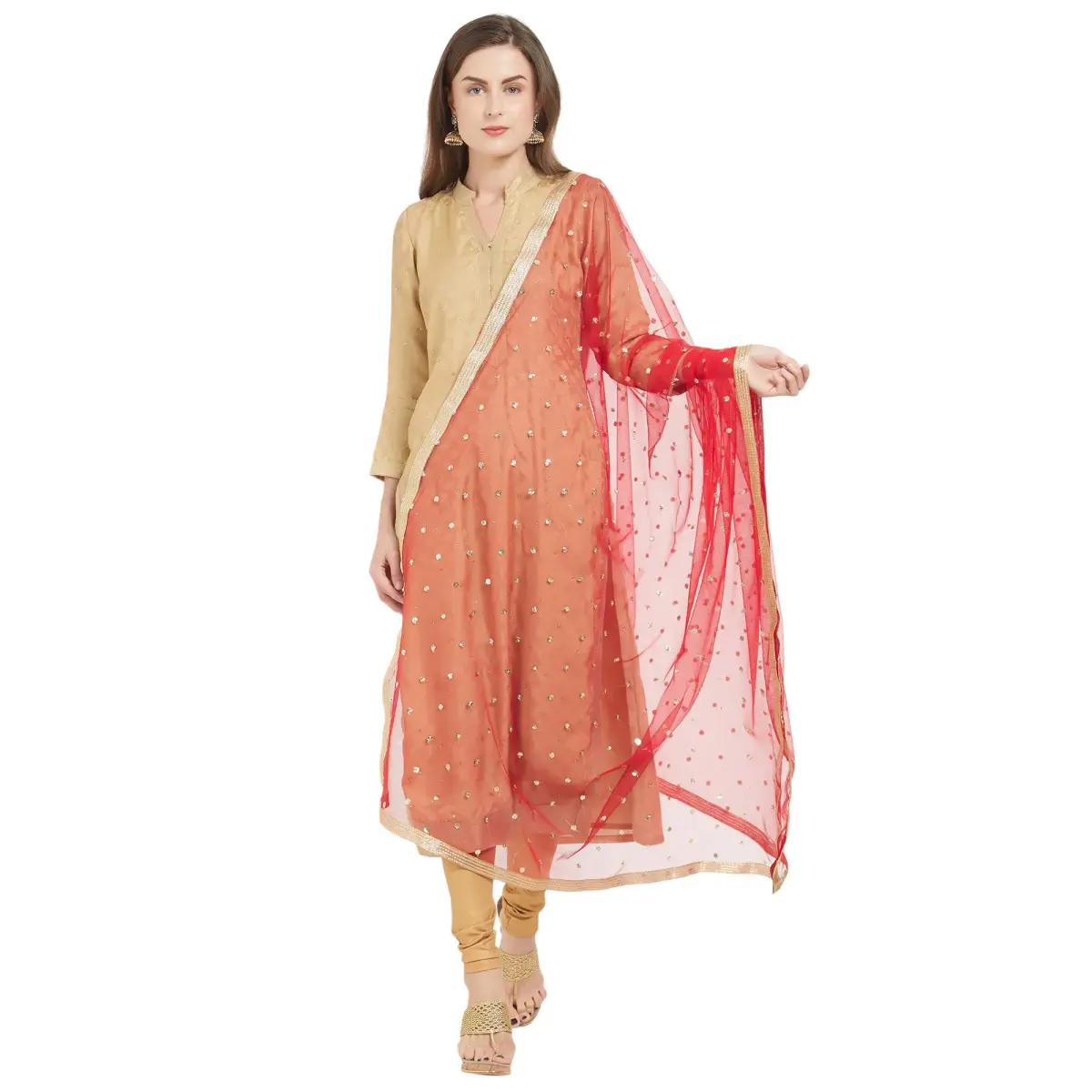 DUPATTA BAZAAR Embellished Red & Gold Net Dupatta 2.4m (8ft) | Party & Festive Wear - main product image