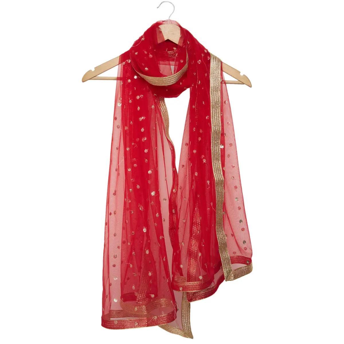 DUPATTA BAZAAR Embellished Red & Gold Net Dupatta 2.4m (8ft) | Party & Festive Wear - view 5