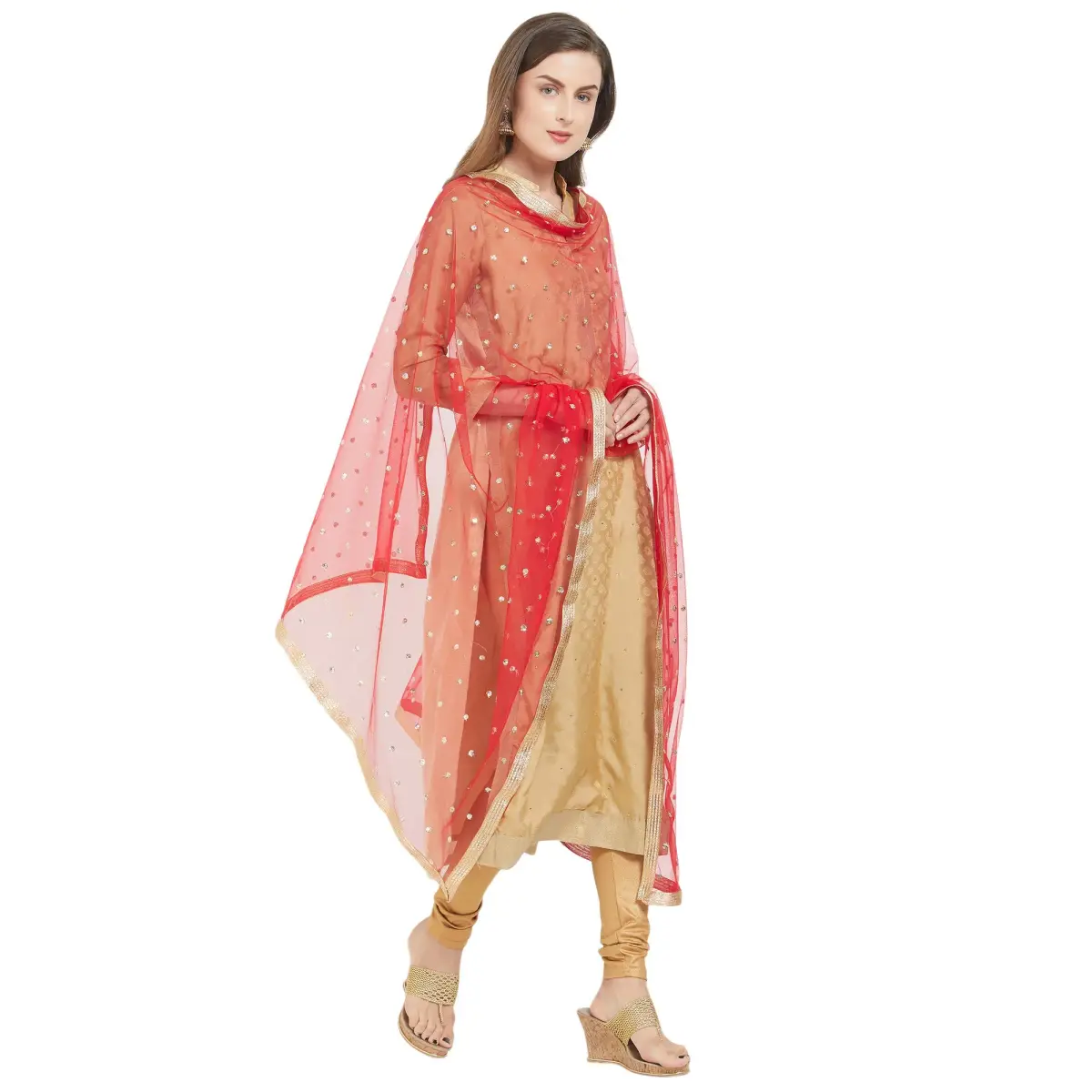 DUPATTA BAZAAR Embellished Red & Gold Net Dupatta 2.4m (8ft) | Party & Festive Wear - view 2