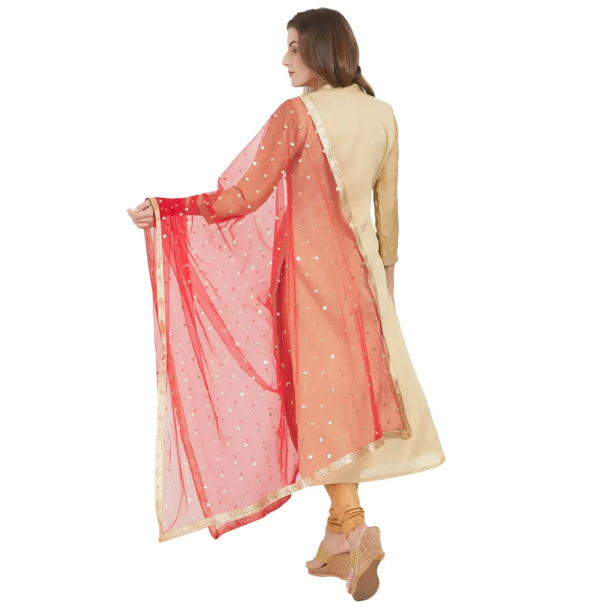 DUPATTA BAZAAR Embellished Red & Gold Net Dupatta 2.4m (8ft) | Party & Festive Wear - view 3