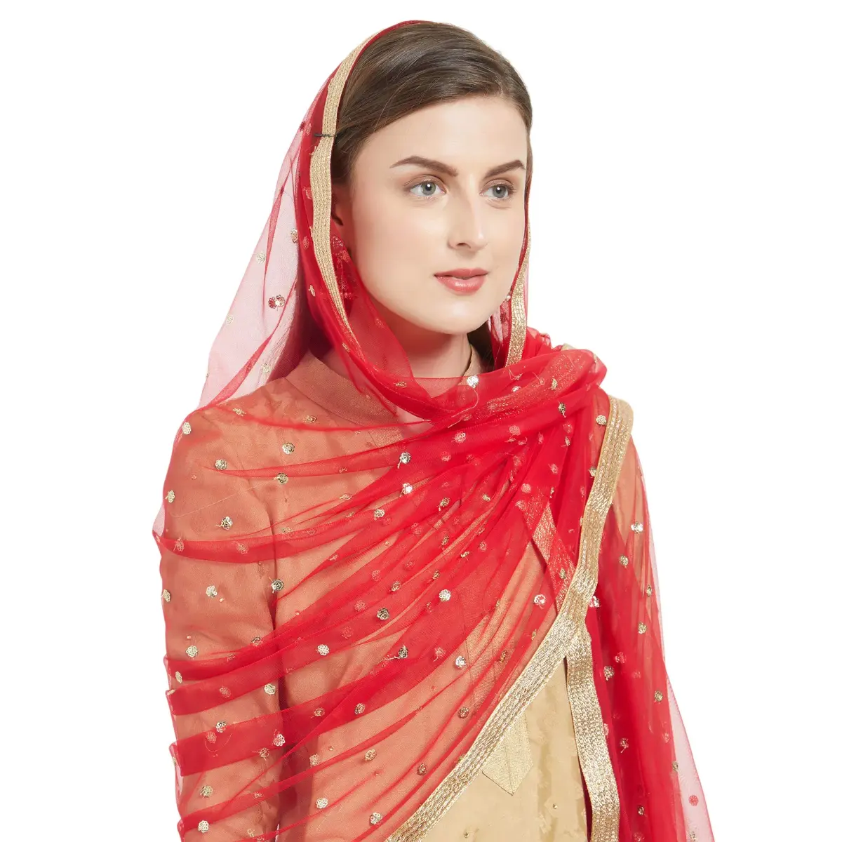 DUPATTA BAZAAR Embellished Red & Gold Net Dupatta 2.4m (8ft) | Party & Festive Wear - view 4
