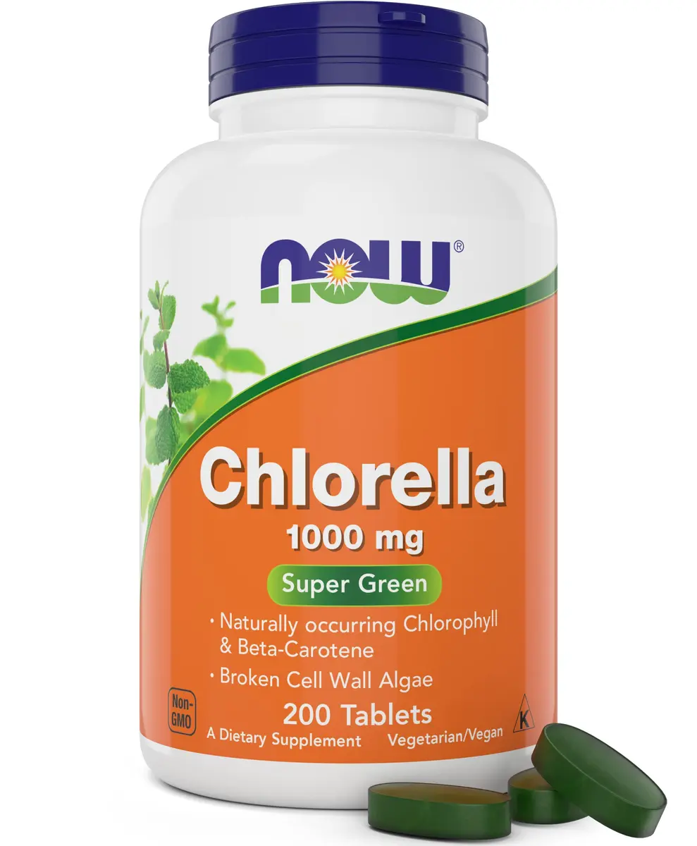 Now Chlorella Tablets 1000mg | Premium Non-GMO Microalgae Supplement (200 Tabs) - main product image