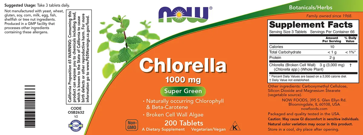 Now Chlorella Tablets 1000mg | Premium Non-GMO Microalgae Supplement (200 Tabs) - view 3