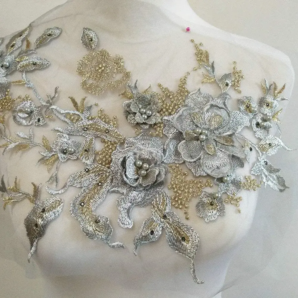 FEEPOP 3D Embroidered Gray Flower Patch 35cm x 28cm | Floral Lace Applique for Wedding Dresses - view 2