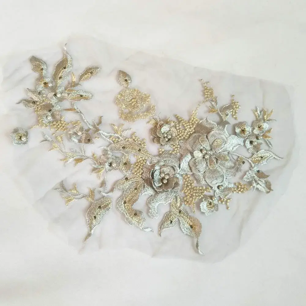 FEEPOP 3D Embroidered Gray Flower Patch 35cm x 28cm | Floral Lace Applique for Wedding Dresses - view 3