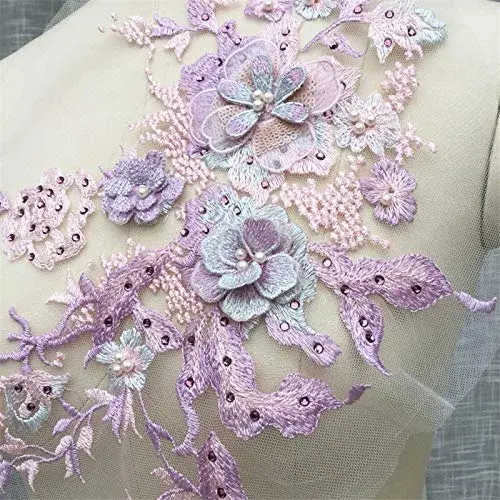 FEEPOP Lilac 3D Embroidered Flower Patch with Nail Beads & Tulle Lace Applique for Wedding Dresses - view 2