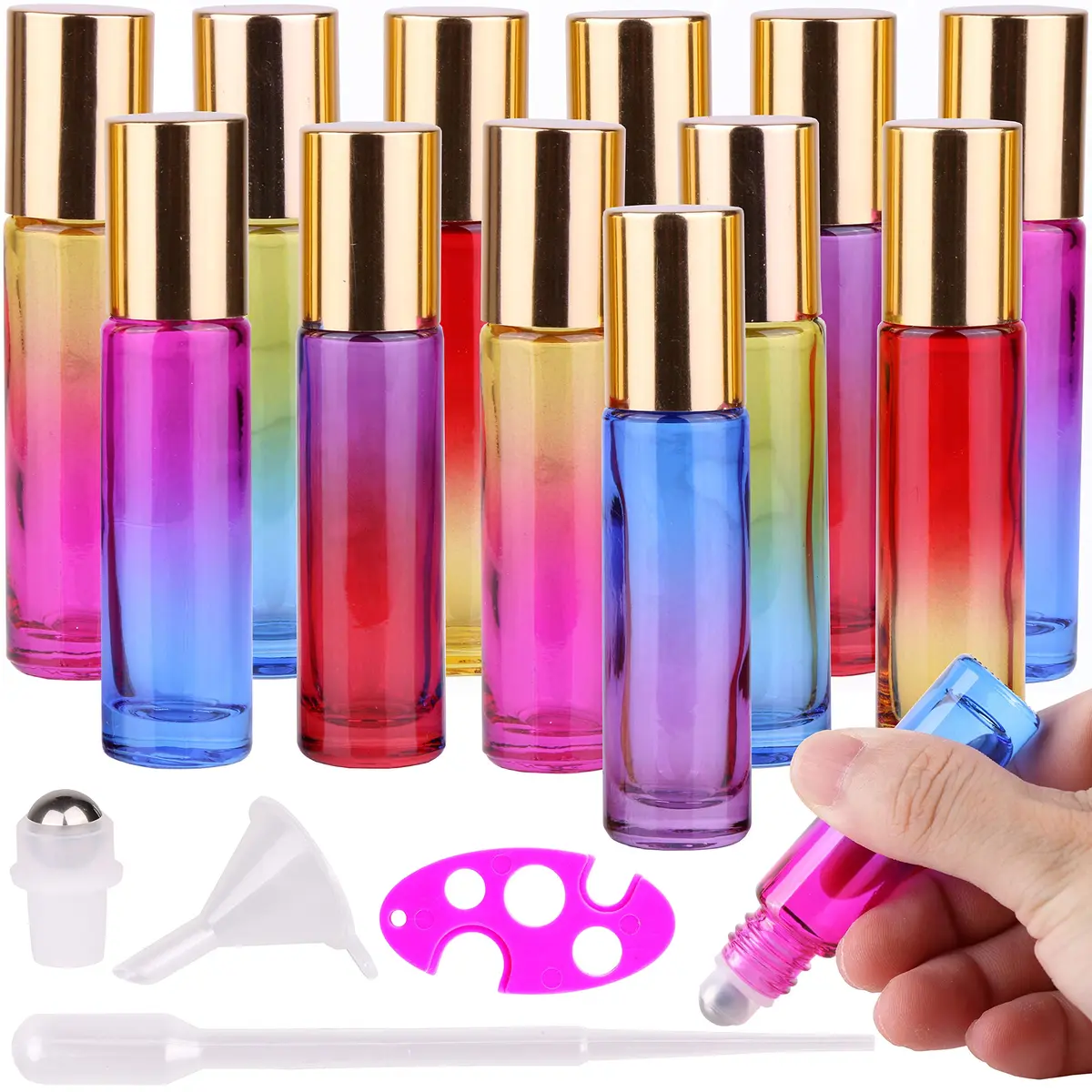 inice 12 Pack,Gradient Color Glass Roller Bottles 10ml | Essential Oil & Perfume Applicator - main product image
