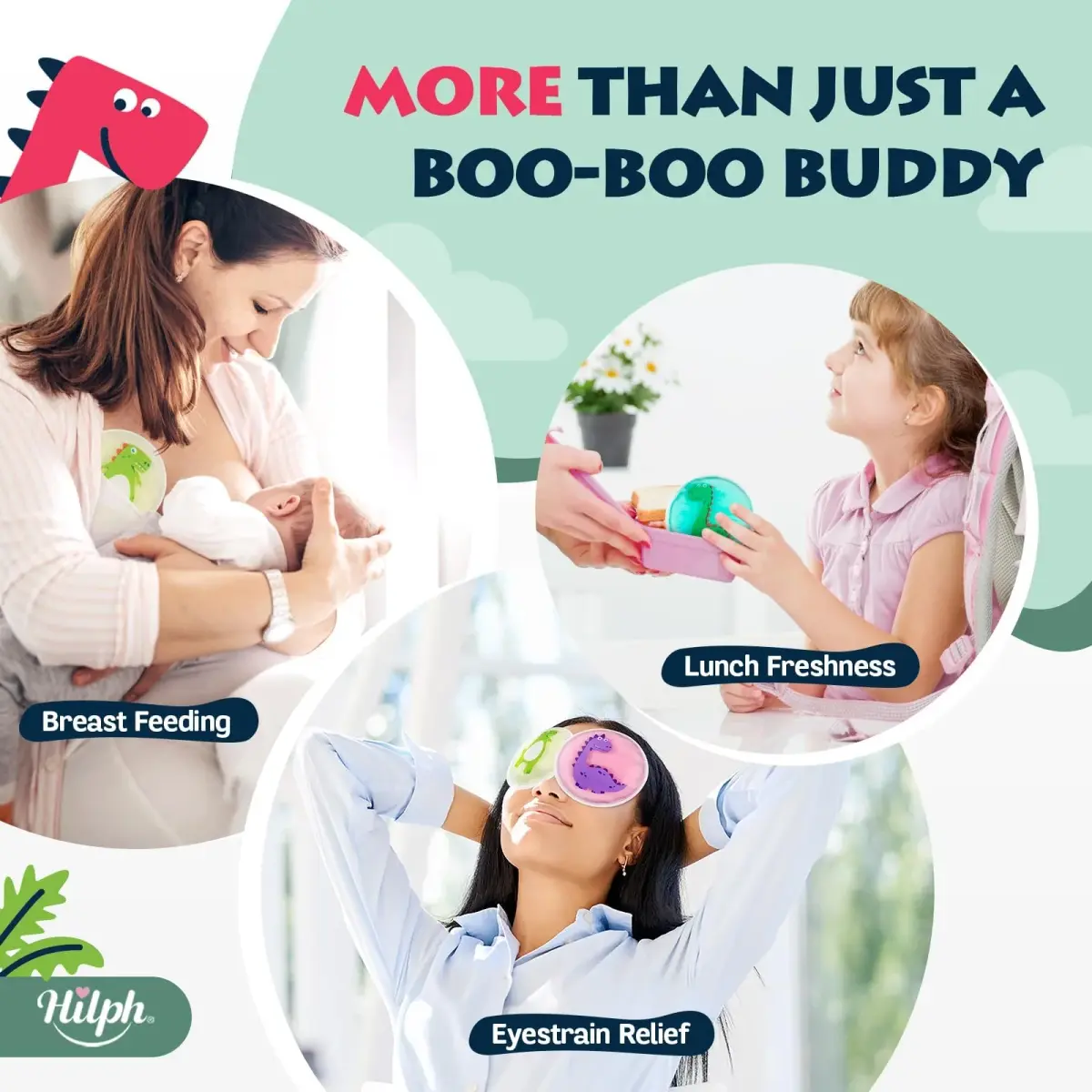 Hilph Kids Dino Ice Packs 3 Count (Pack of 1) | Soft Flexible Gel for Boo Boos, Fevers, and Injuries - view 3