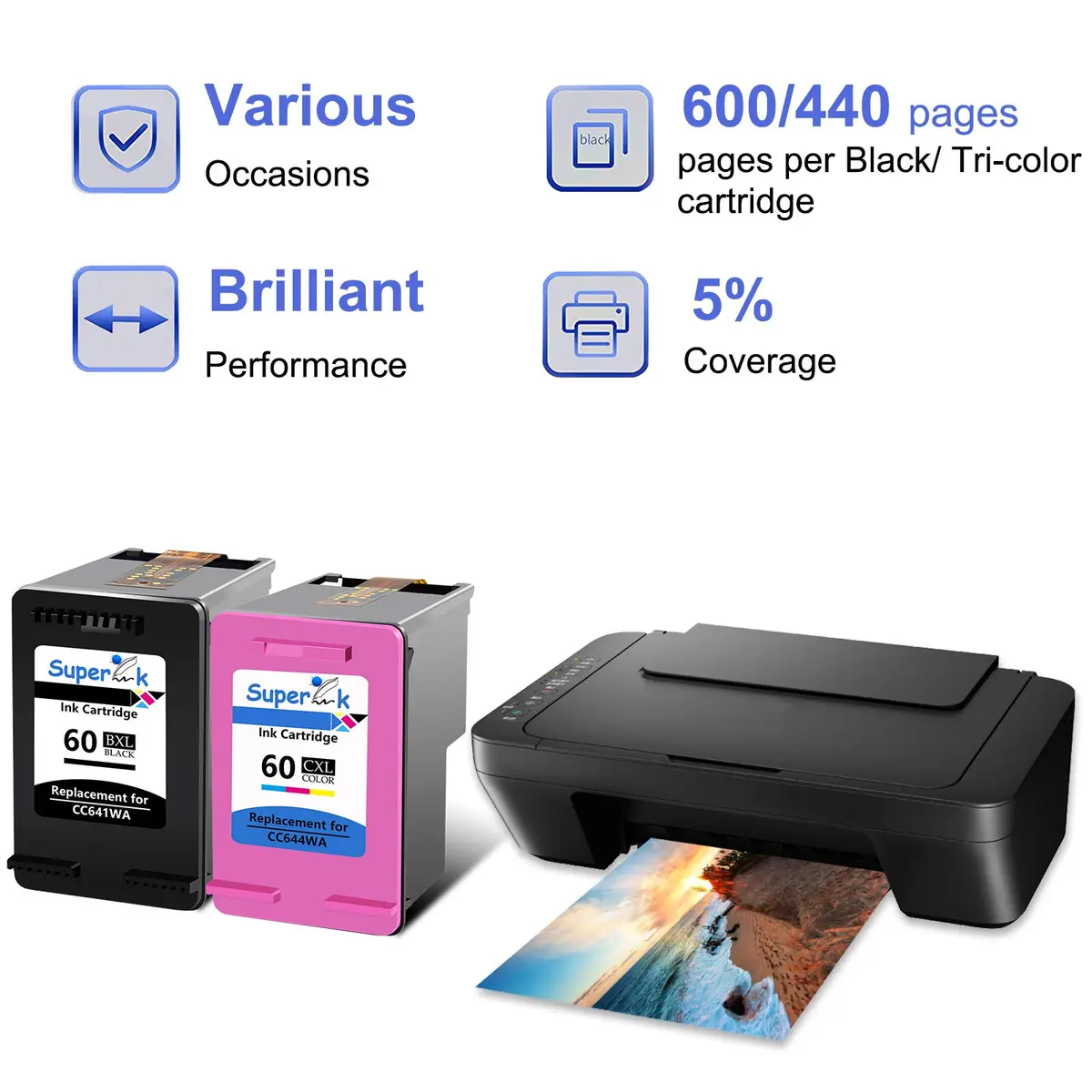 SuperInk Remanufactured Ink Cartridge for HP 60XL CC641WA CC644WA | Compatible for Deskjet & Envy Printers - view 3