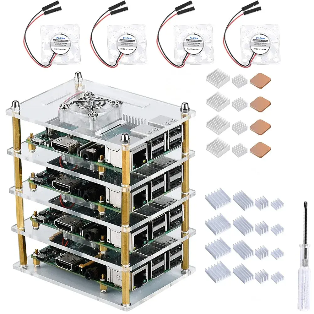 GeeekPi Stackable Acrylic Case with 4 Cooling Fans & Heatsinks for Raspberry Pi 4B/3B+/3B/2B | 120mm x 100mm x 72mm - main product image