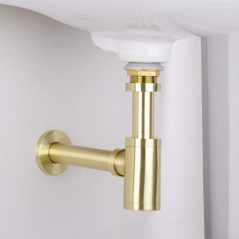 orhemus Brass Round Bottle P Trap, Adjustable Height, Brushed Gold Finish | Modern Bathroom Sink Drain - view 6