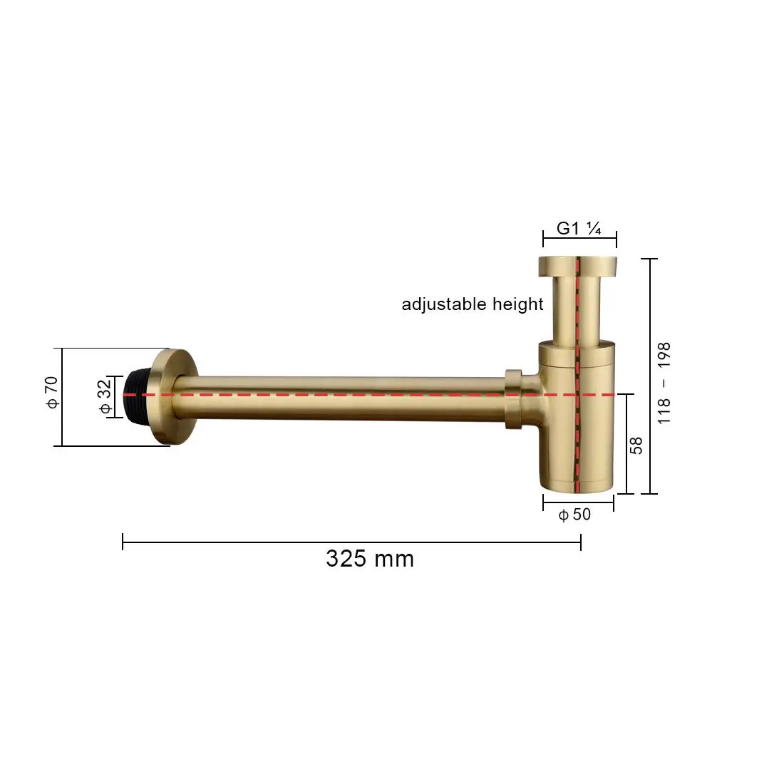 orhemus Brass Round Bottle P Trap, Adjustable Height, Brushed Gold Finish | Modern Bathroom Sink Drain - view 7