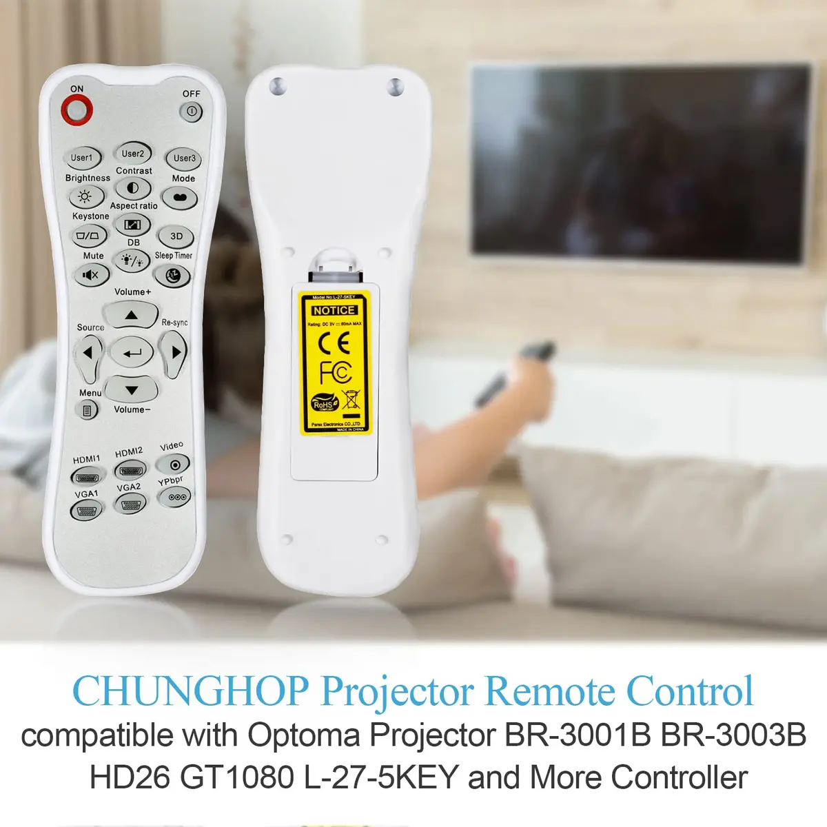 Optoma Replacement Remote Control for HD26 GT1080 GT141X DH1008 EH200ST | L-27-5KEY Controller - view 3