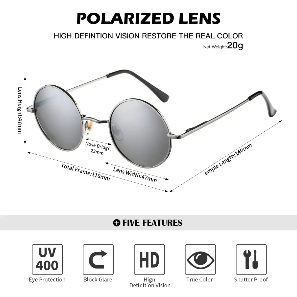 Pro Acme C5 Gunmetal Frame Black Lens Small Round Polarized Sunglasses UV400 - view 4
