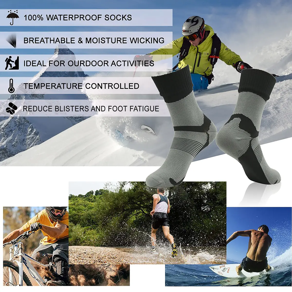 RANDY SUN Waterproof Breathable Wading Socks | Multisport Crew Hiking Cycling Socks (Small, Gray&Black) - view 4