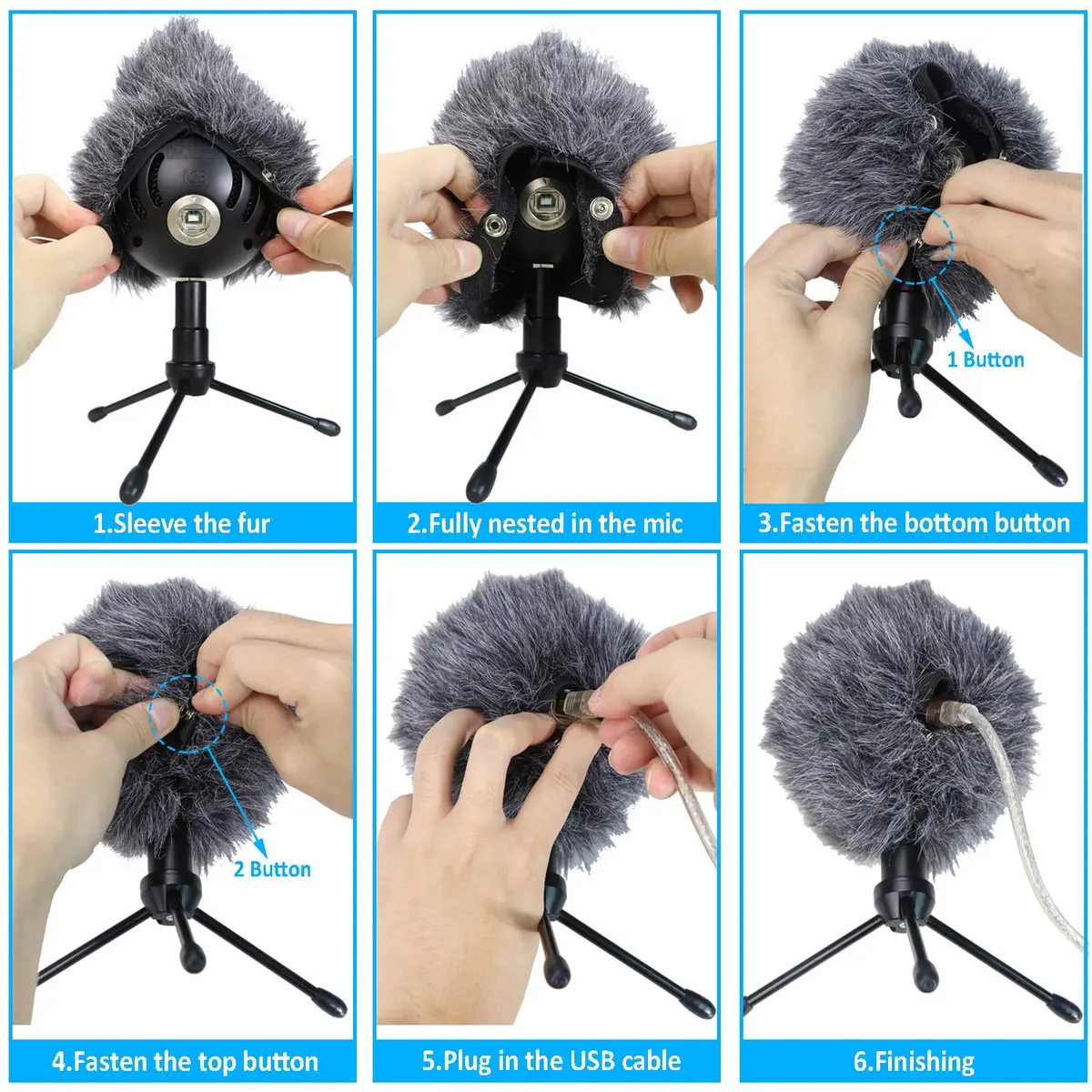 SUNMON Blue Snowball Furry Windscreen Cover Muff - Professional Snowball ICE Mic Foam Wind Cover Windshield Pop Filter for Recordings, Broadcasting, Singing (Black) | Wind Noise Reduction - view 6