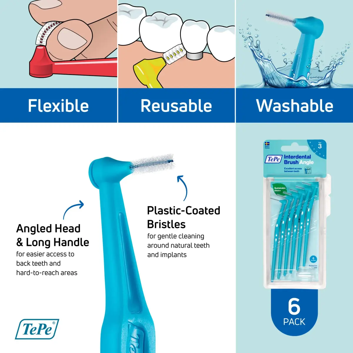TePe Angle Interdental Brush Size 3 (0.6mm) | Angled Head for Medium Gaps, Pack of 6 - view 5