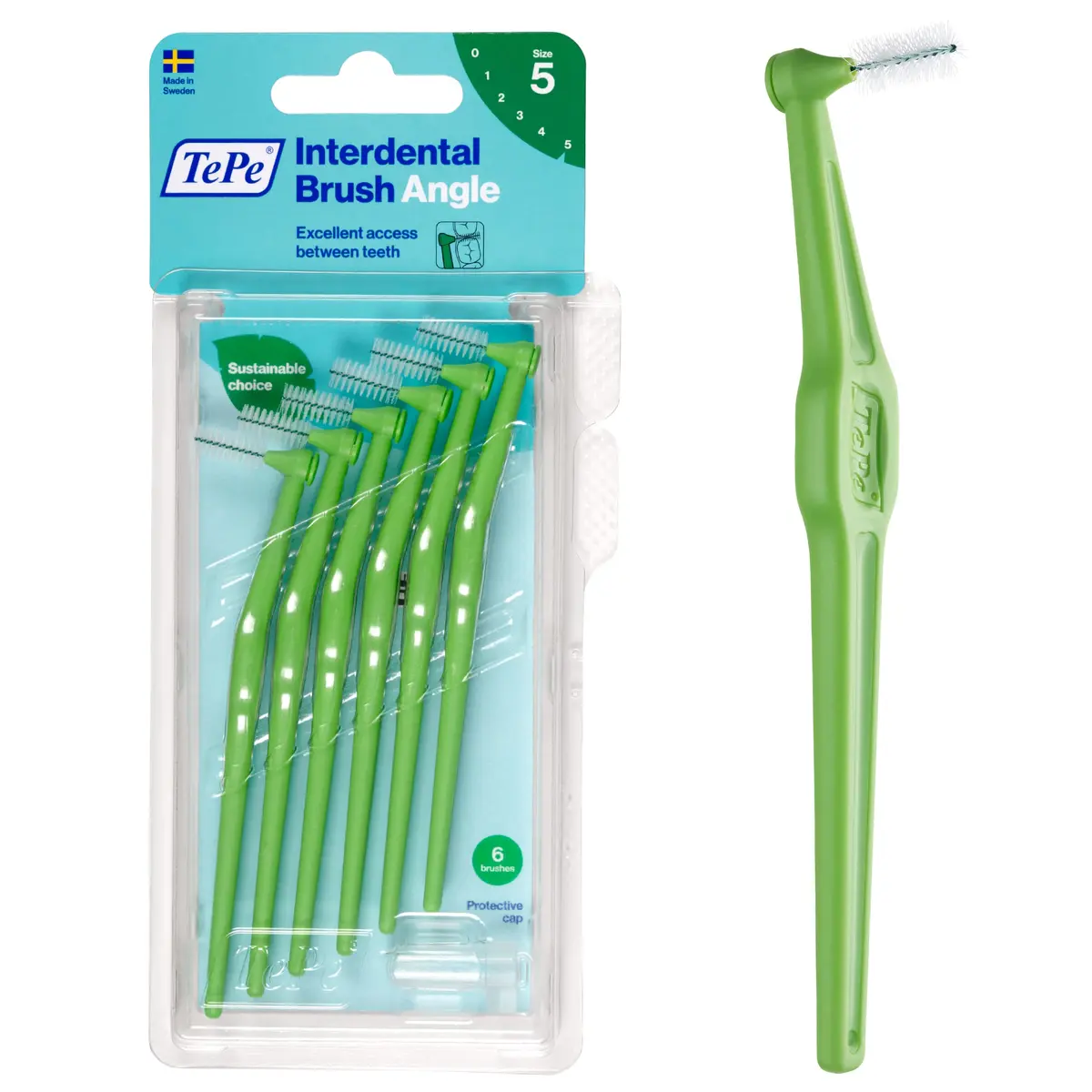 TePe Interdental Brush Angle, Pack of 6 | Angled Dental Brush for Teeth Cleaning, 0.8 mm, Large Gaps, Green, Size 5 - main product image