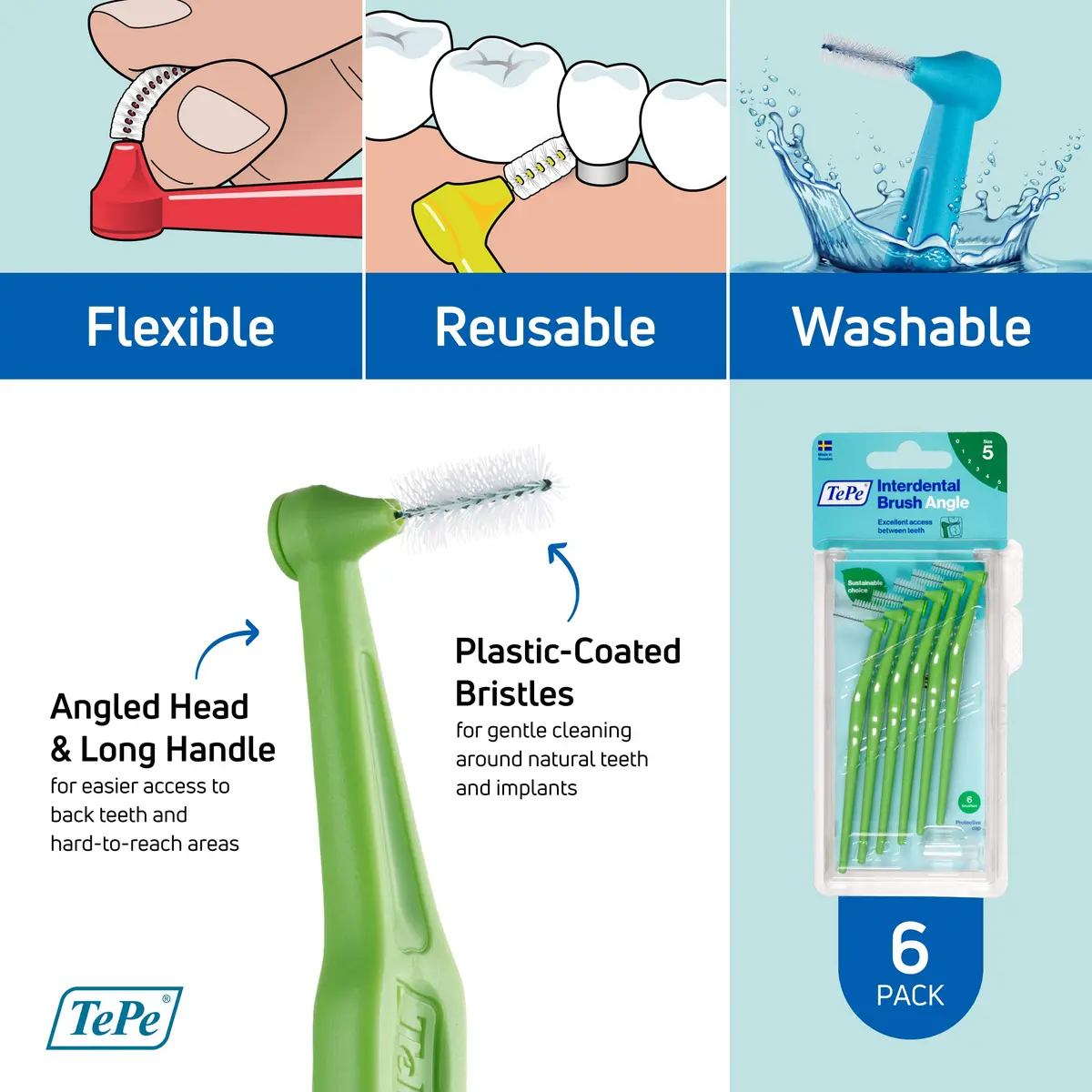 TePe Interdental Brush Angle, Pack of 6 | Angled Dental Brush for Teeth Cleaning, 0.8 mm, Large Gaps, Green, Size 5 - view 5