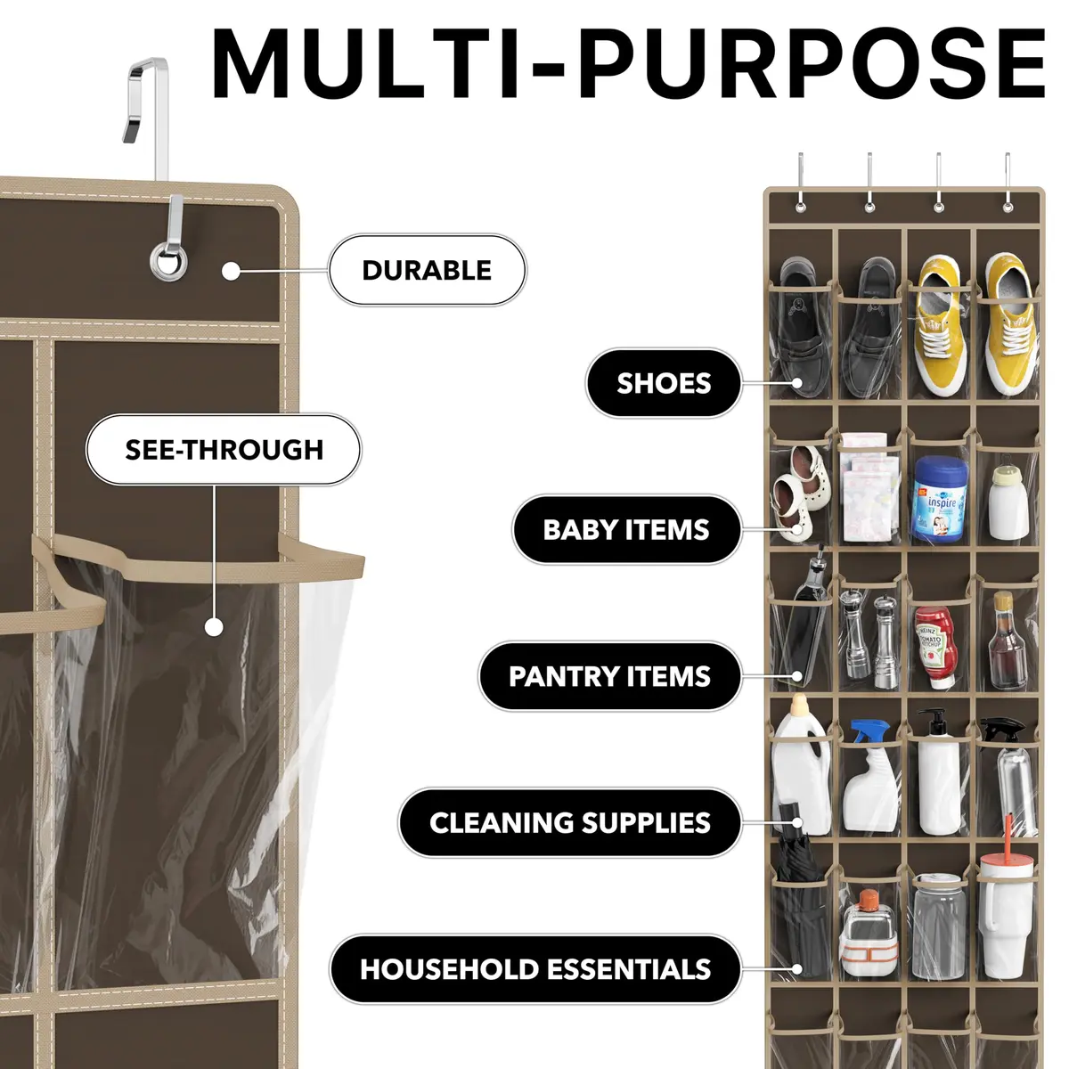 Simple Houseware 24 Pockets Clear Over the Door Shoe Organizer, Brown | 24 Large Clear Pockets for Shoes & Storage - view 5