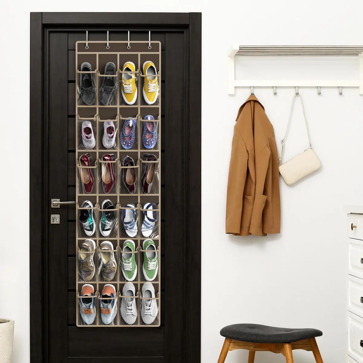 Simple Houseware 24 Pockets Clear Over the Door Shoe Organizer, Brown | 24 Large Clear Pockets for Shoes & Storage - view 6