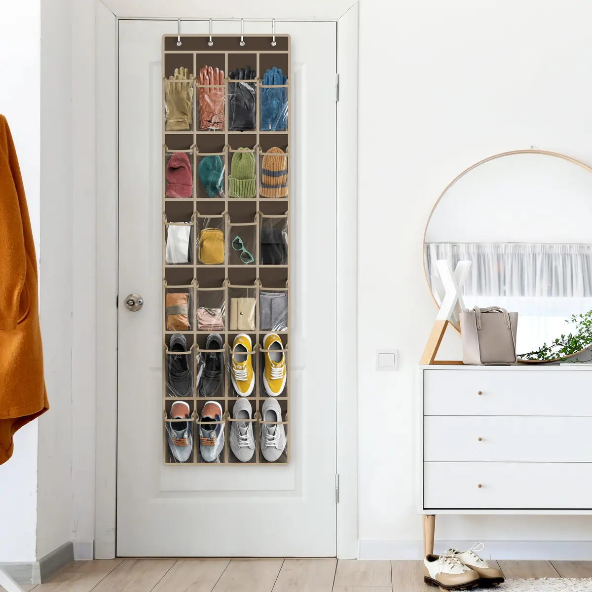 Simple Houseware 24 Pockets Clear Over the Door Shoe Organizer, Brown | 24 Large Clear Pockets for Shoes & Storage - view 8