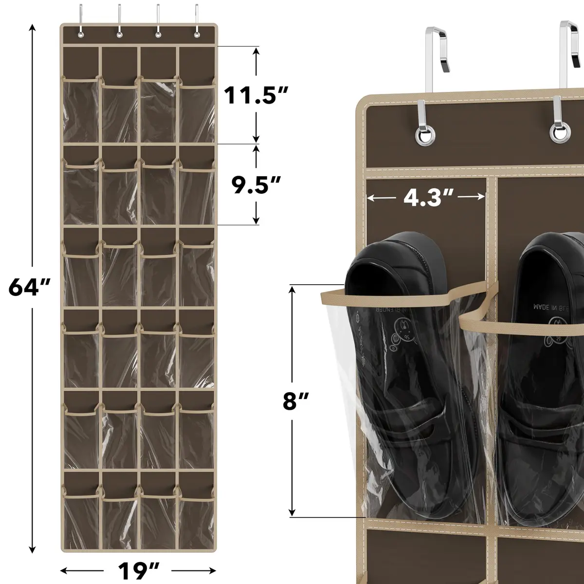 Simple Houseware 24 Pockets Clear Over the Door Shoe Organizer, Brown | 24 Large Clear Pockets for Shoes & Storage - view 2
