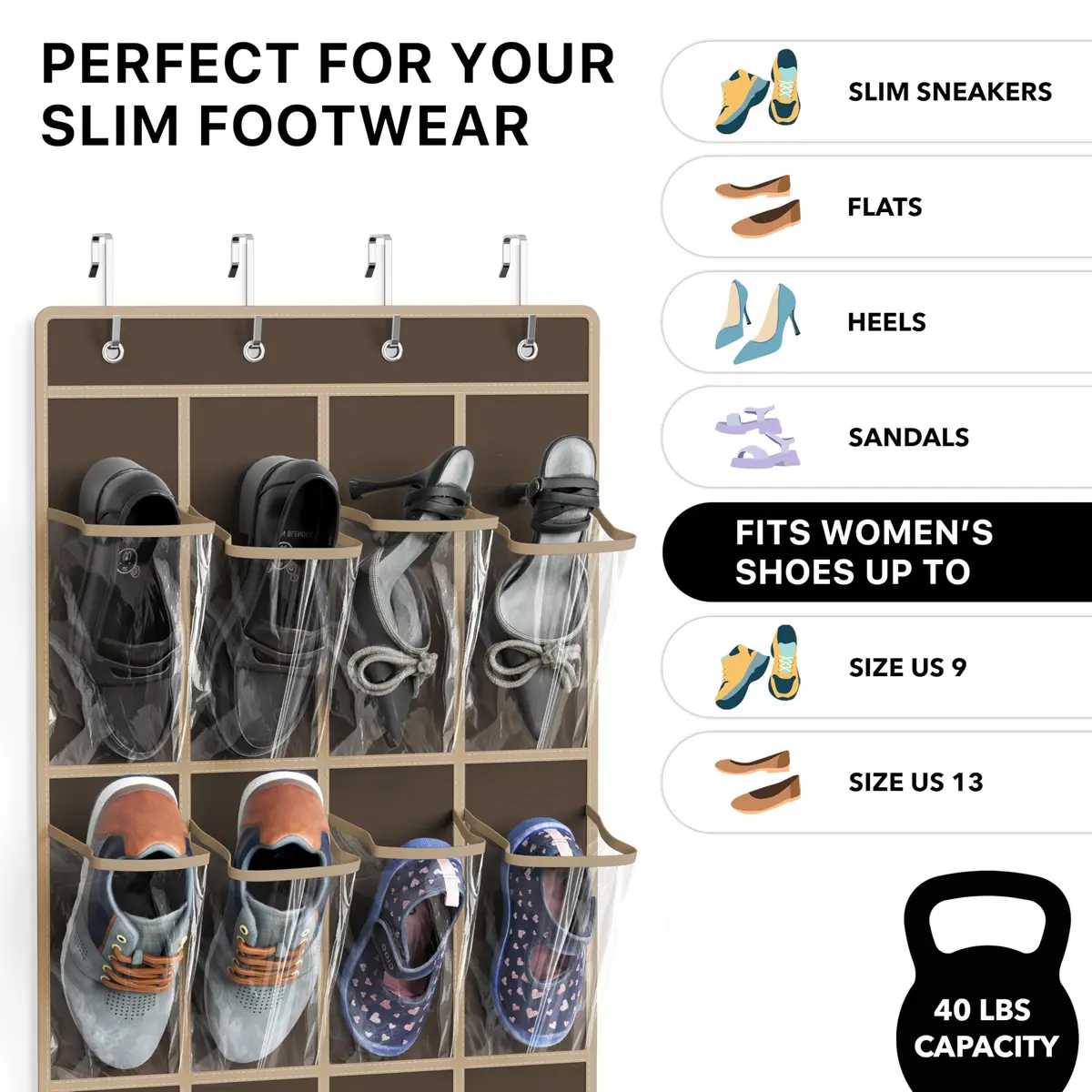 Simple Houseware 24 Pockets Clear Over the Door Shoe Organizer, Brown | 24 Large Clear Pockets for Shoes & Storage - view 3