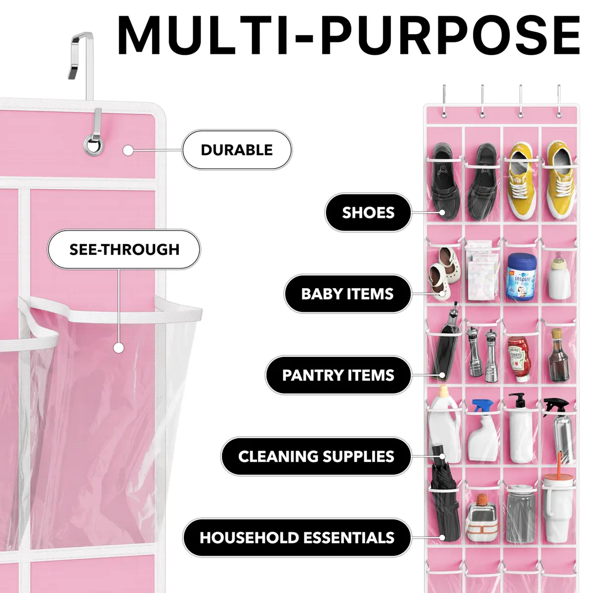 Simple Houseware 24 Pockets Clear Over the Door Shoe Organizer, Pink | Large Capacity, Versatile Storage - view 5