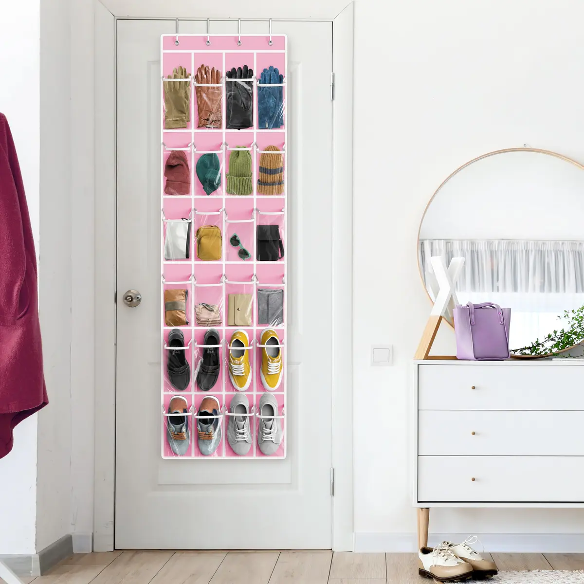 Simple Houseware 24 Pockets Clear Over the Door Shoe Organizer, Pink | Large Capacity, Versatile Storage - view 8