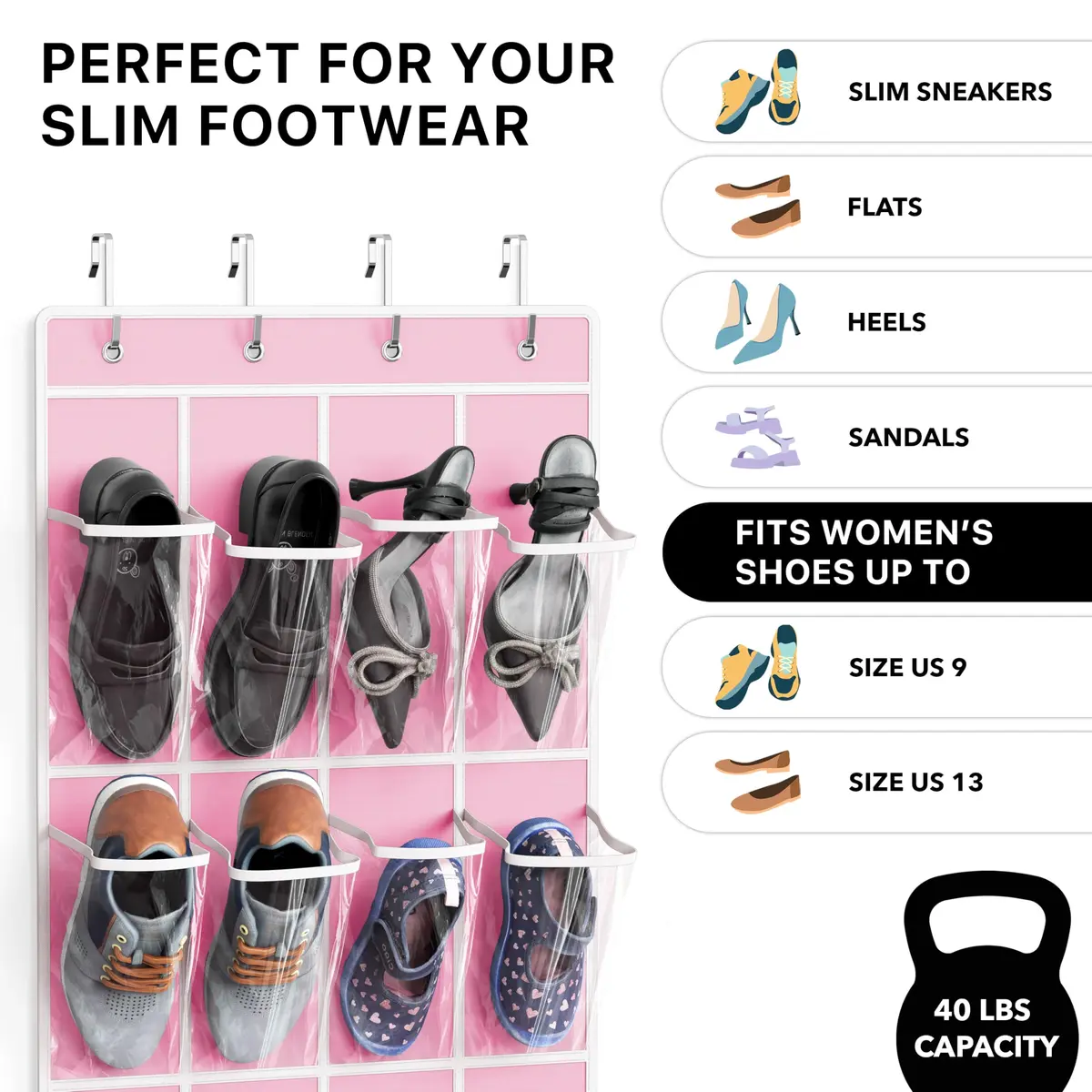 Simple Houseware 24 Pockets Clear Over the Door Shoe Organizer, Pink | Large Capacity, Versatile Storage - view 3