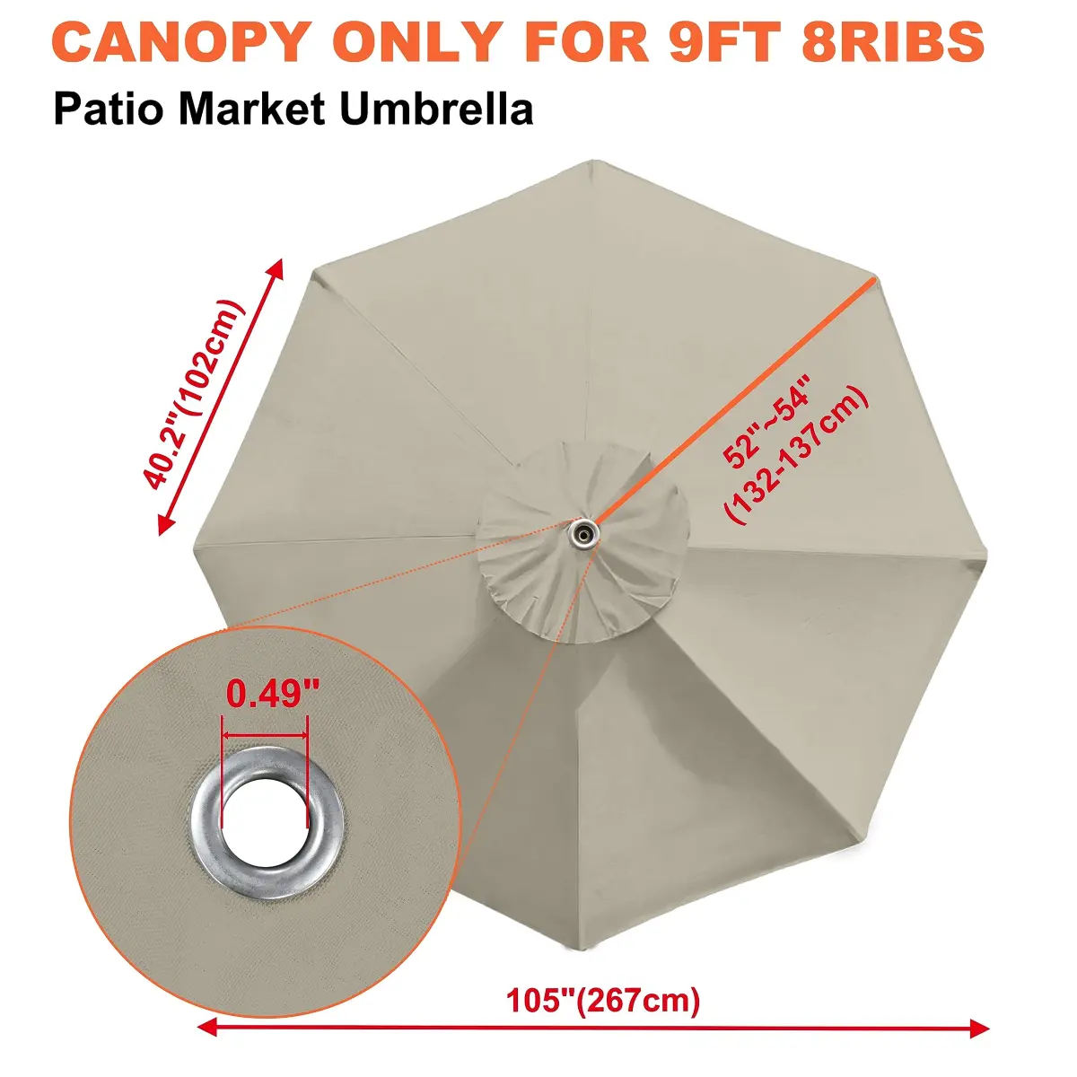 EliteShade 9ft Patio Umbrella Replacement Canopy Cover Beige | 2.74m (9ft) UV Protective Polyester for 8 Rib Frames - view 3