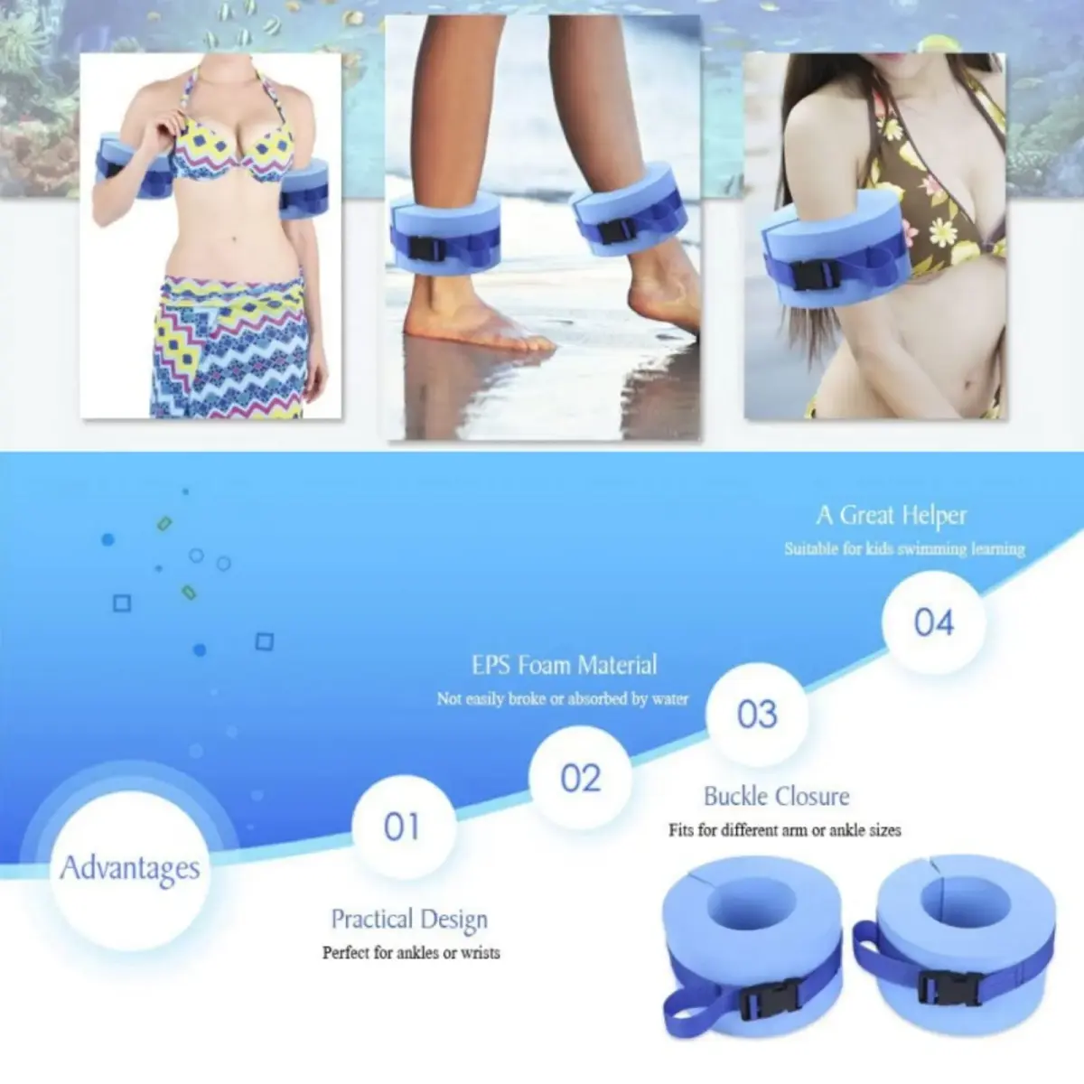 Asdomo Foam Swim Aquatic Cuffs, Water Aerobics Float Ring Fitness Exercise Set, Ankles Arms Belts with Quick Release Buckle (Set of 2, Blue) - view 8