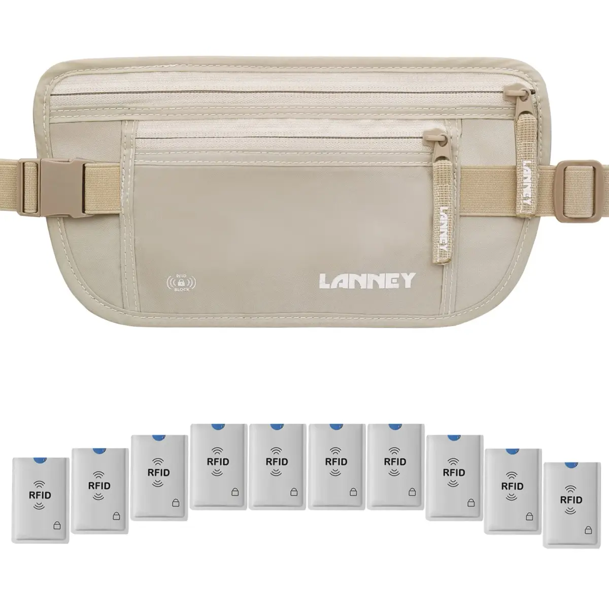 LANNEY RFID Blocking Money Belt for Travel, Cream | Hidden Waist Wallet Pouch with 10 Bonus Card Sleeves - main product image