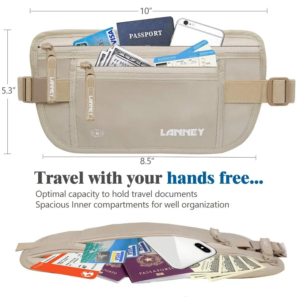 LANNEY RFID Blocking Money Belt for Travel, Cream | Hidden Waist Wallet Pouch with 10 Bonus Card Sleeves - view 4