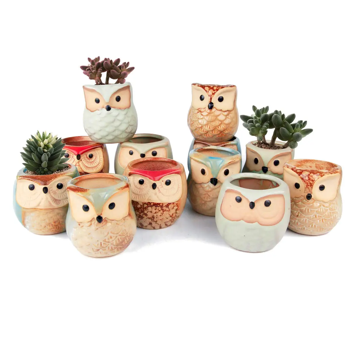 T4U Owl Succulent Pots, Mini Ceramic Planter, 12-Pack | Whimsical Owl Face Decor for Indoor Plants - main product image