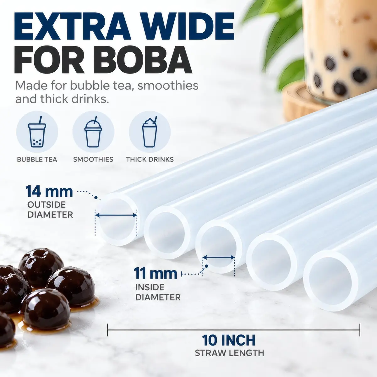 ALINK Extra Wide Clear Silicone Boba Smoothie Straws, 10 Inch, 6 Pack | Food-Grade, BPA-Free, Flexible & Durable - view 3
