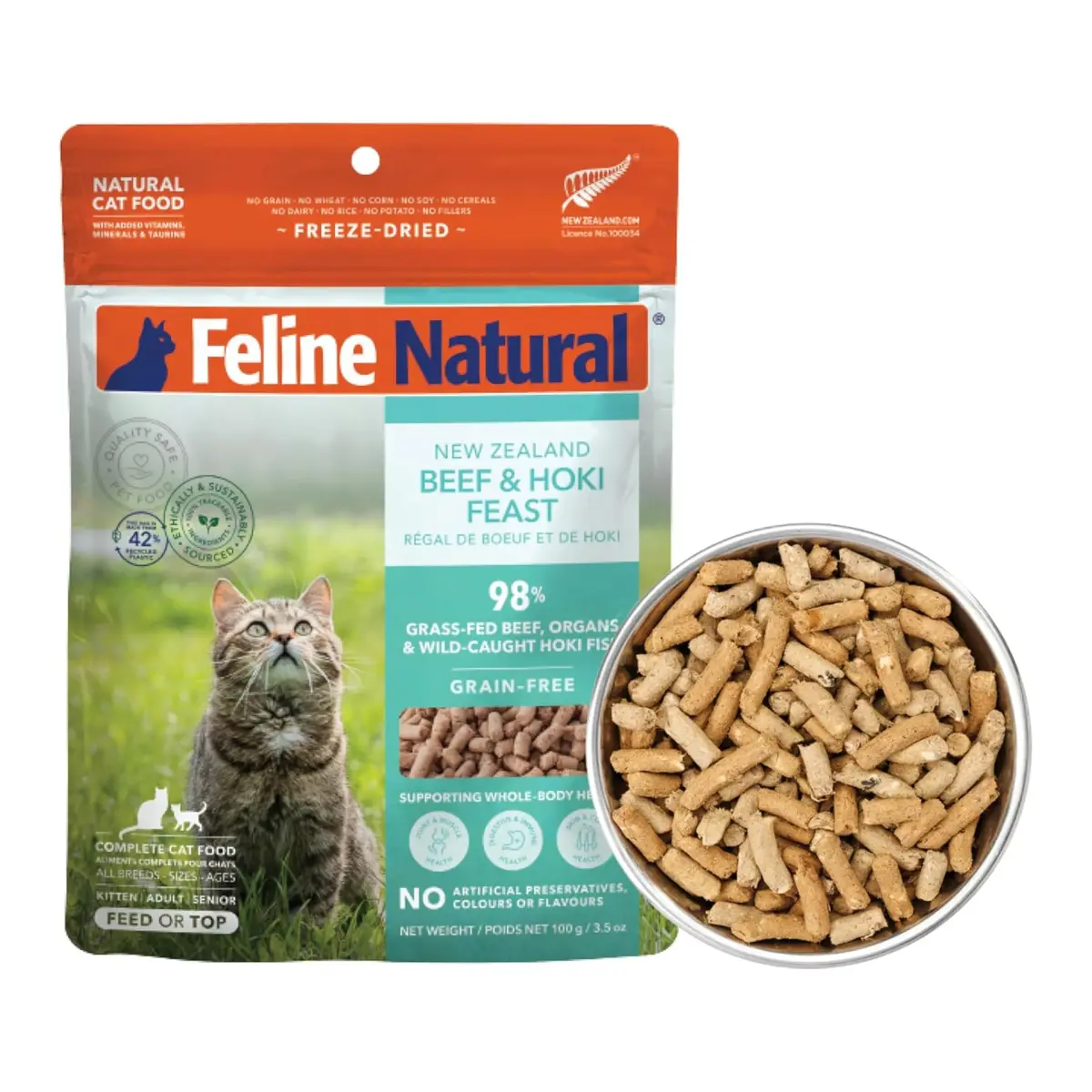Feline Natural Beef & Hoki Freeze Dried Cat Food 100g (3.5oz) | 98% Meat High Protein Diet - main product image
