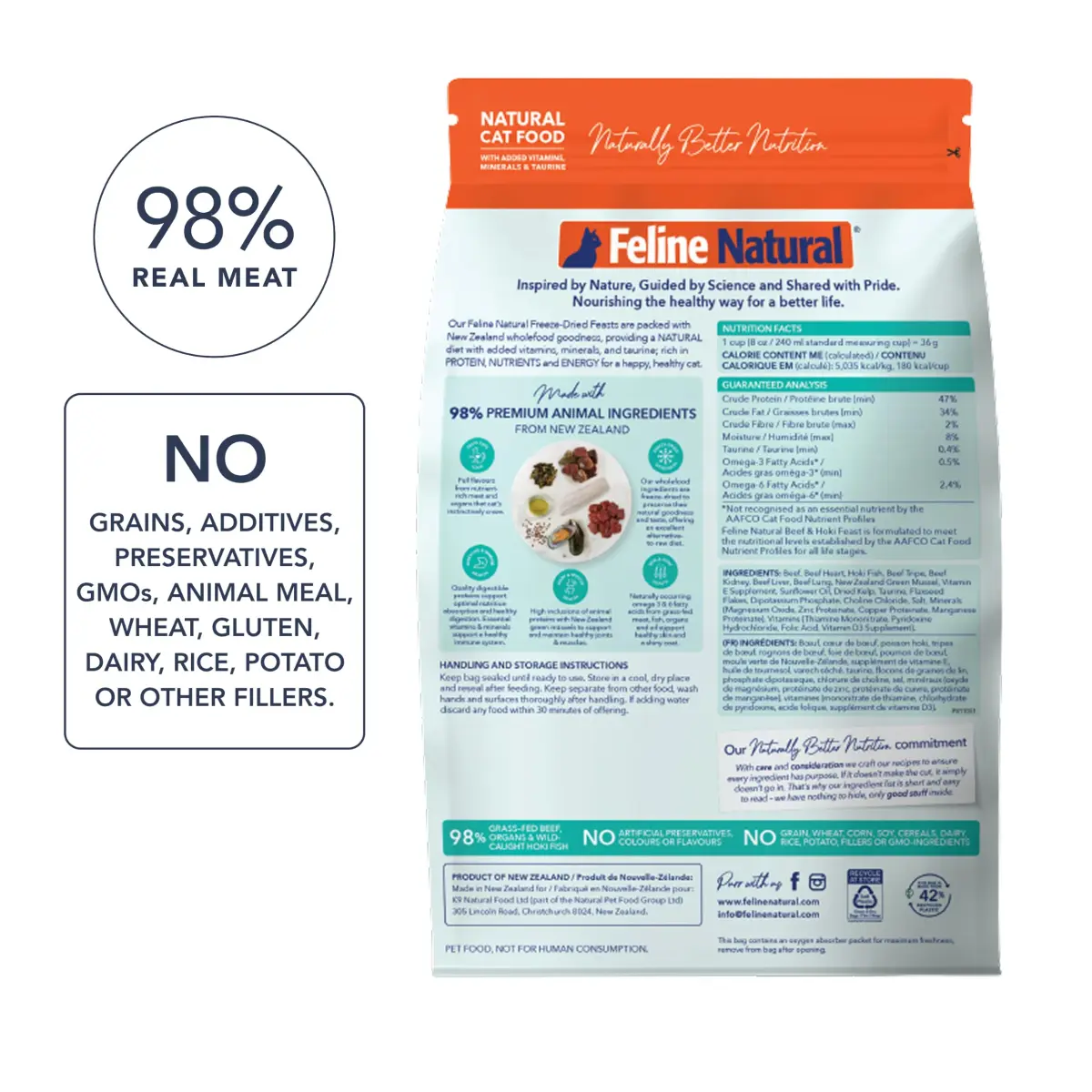 Feline Natural Beef & Hoki Freeze Dried Cat Food 100g (3.5oz) | 98% Meat High Protein Diet - view 2