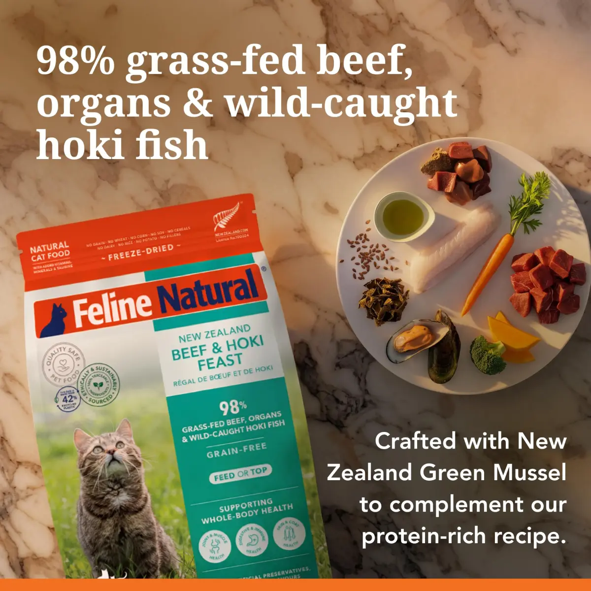 Feline Natural Beef & Hoki Freeze Dried Cat Food 100g (3.5oz) | 98% Meat High Protein Diet - view 4