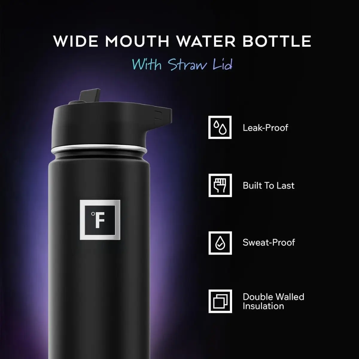 IRON °FLASK 40 oz (1200 ml) Wide Mouth Water Bottle with Carabiner Straw Lid | Insulated Stainless Steel for Cold 24 Hrs - view 2