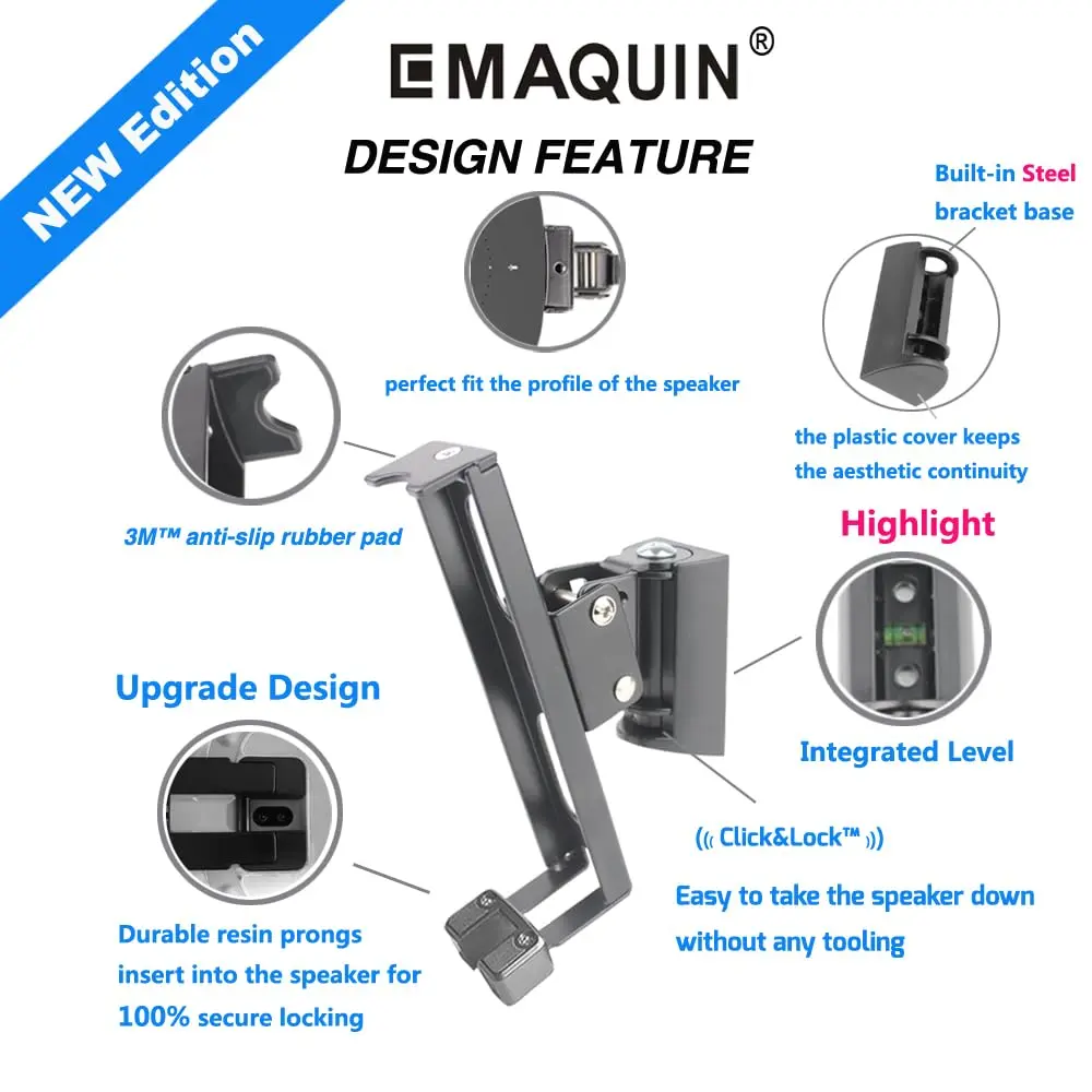 EMAQUIN Wall Mounts Brackets Pair Set for SONOS ONE/PLAY 1 | Swivel & Tilt, Black - view 5