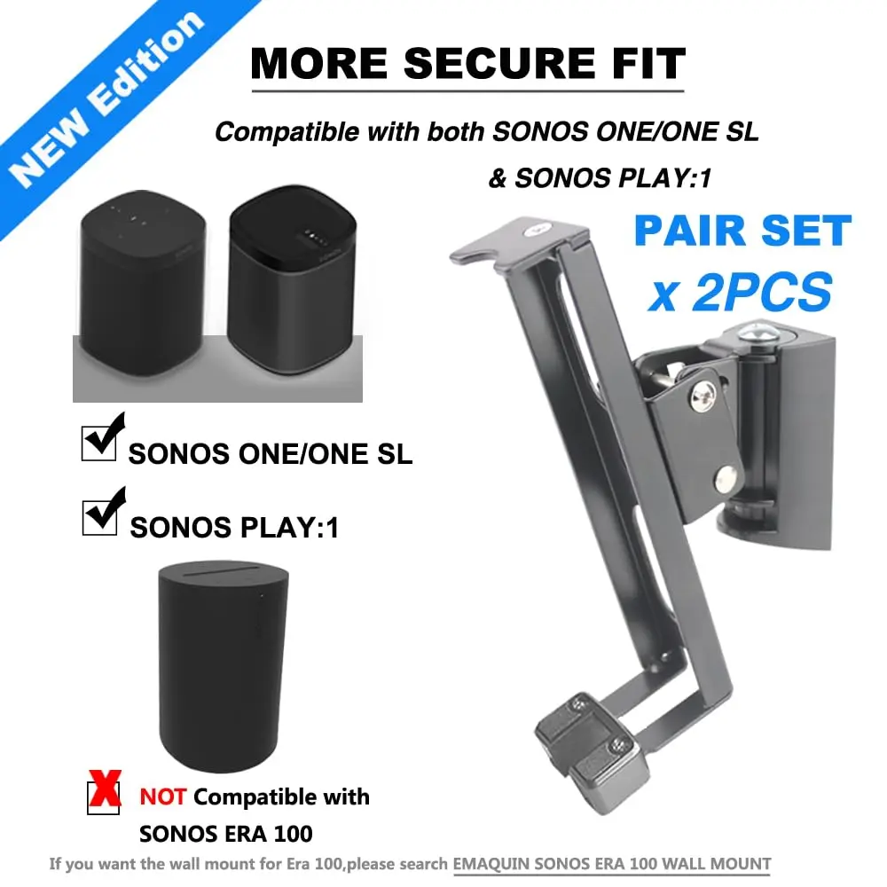 EMAQUIN Wall Mounts Brackets Pair Set for SONOS ONE/PLAY 1 | Swivel & Tilt, Black - view 3